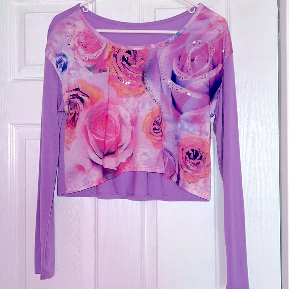 Justice Purple Long Sleeve Floral Sequin Crop Top Size 16